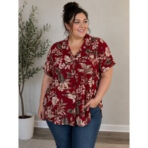 Coldwater Creek Womens XL Red Tropical Floral Rayon Short Sleeve Button Down Top